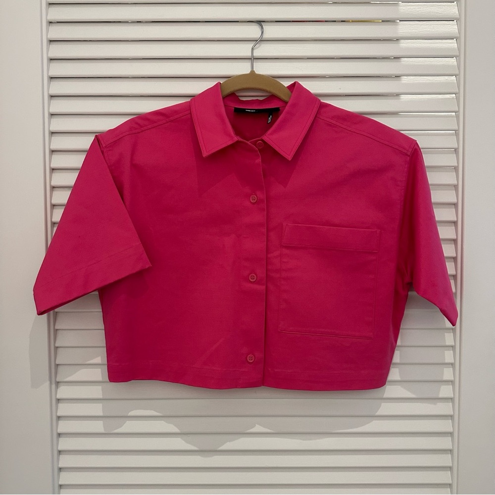 DKNY Cropped Short Sleeve Linen-Blend Button Down Shirt